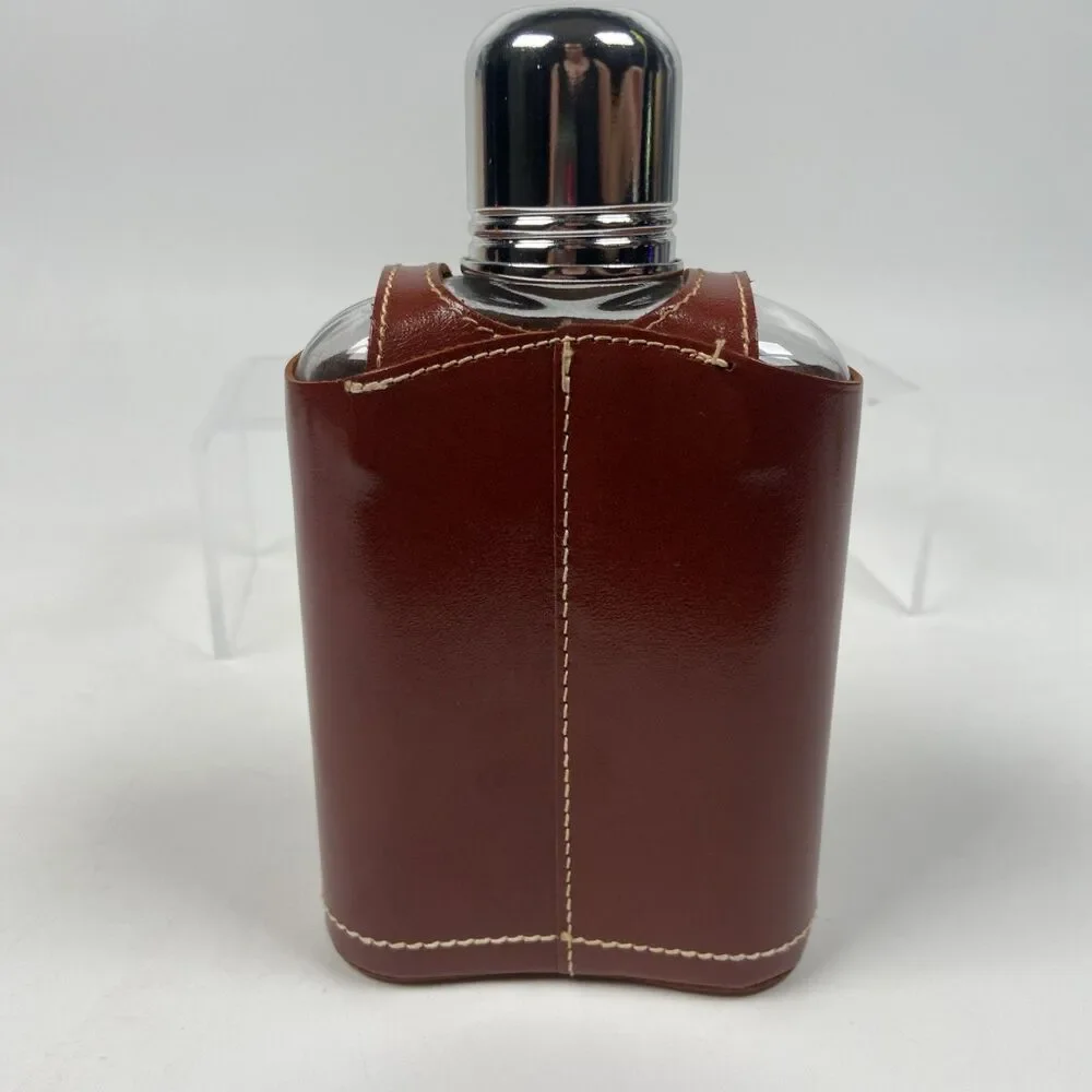 Vintage Glass Hip Flask With Leather Case And Silver Tone Hardware